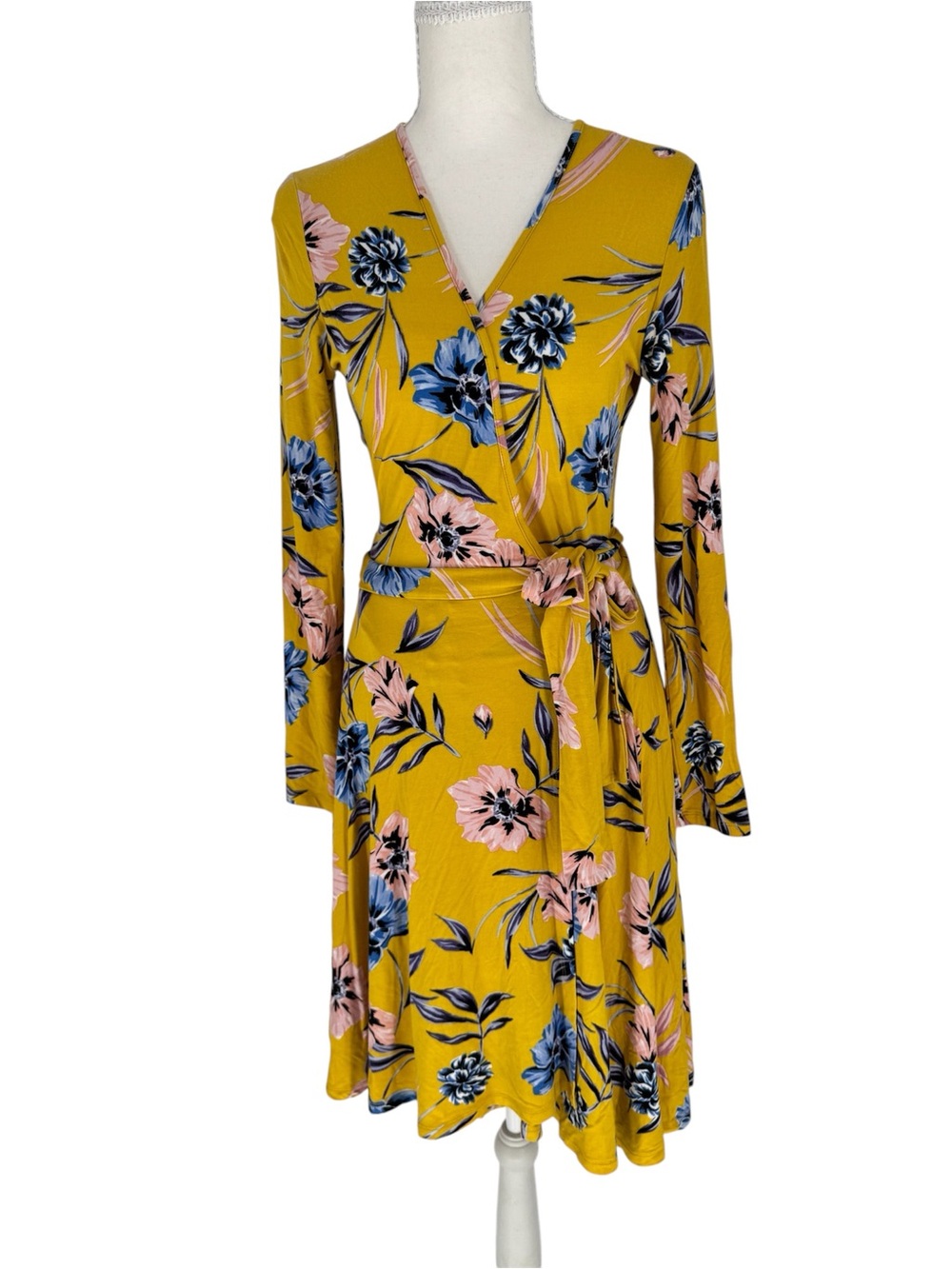 NWT Anthropologie Yumi Kim Yellow Floral Knit Long Sleeve Wrap Mini Dress XS
